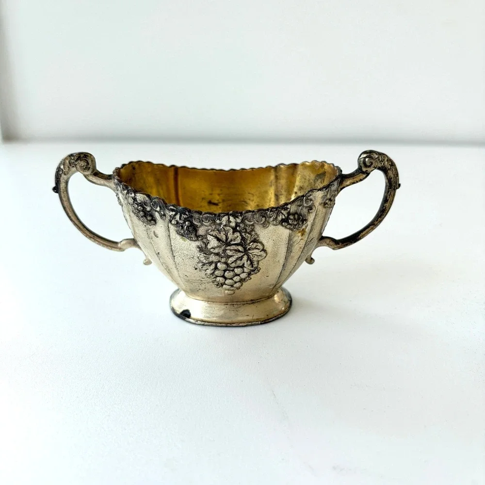 Vintage Silver Plated Creamer and Sugar Bowl Set Grape Motif Made in Japan